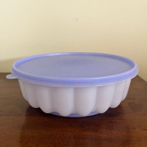 Tupperware White Jello Mold with Light Blue Lid